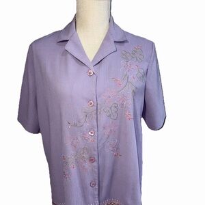 Alfred Dunner Lavender Embroidered Womens Top with Embroidery Button Front Sz 10